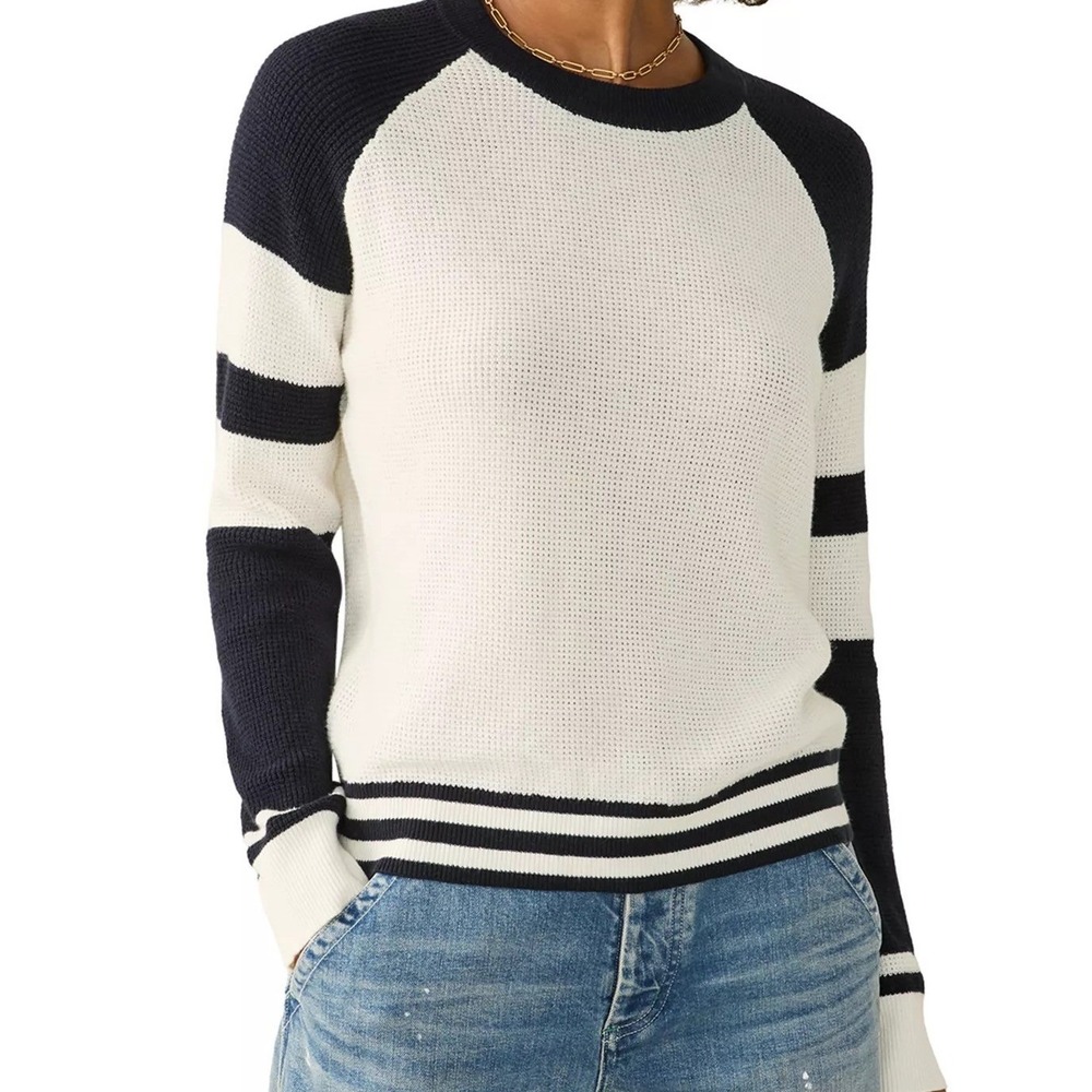 Faherty Women's Throwback Waffle Knit Sweater Ivory Navy Size XS Retro Wrigley